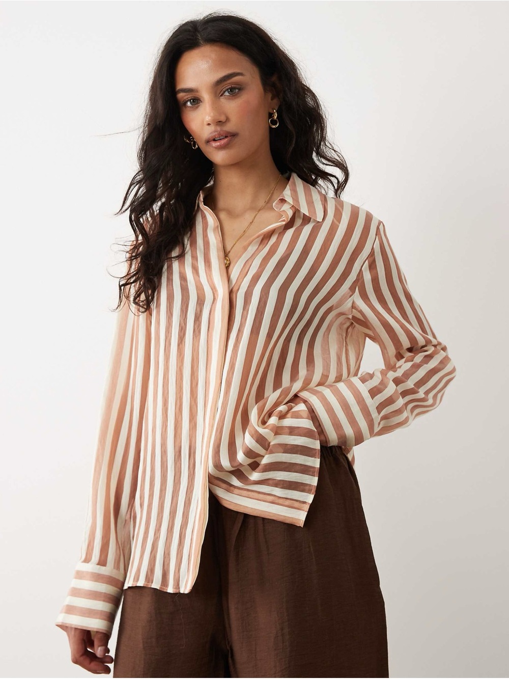 Zara Sheer Striped Button Up Blouse Medium Blush Cream Relaxed M - Picture 8 of 11